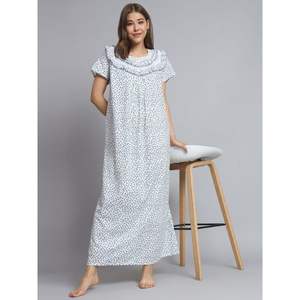 Camisón de Encaje 100% Algodón para Mujer, Mangas Medias, Largo Completo, Tela Transpirable, Cuello con Estampado Floral, Elegante, Primavera Otoño - Product Image 1