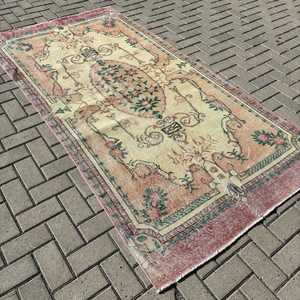 Turkish Vintage Rug, 4x9.3 ft Rug, <b>Red</b> Solid <b>Wool</b> Rug - Product Image 1