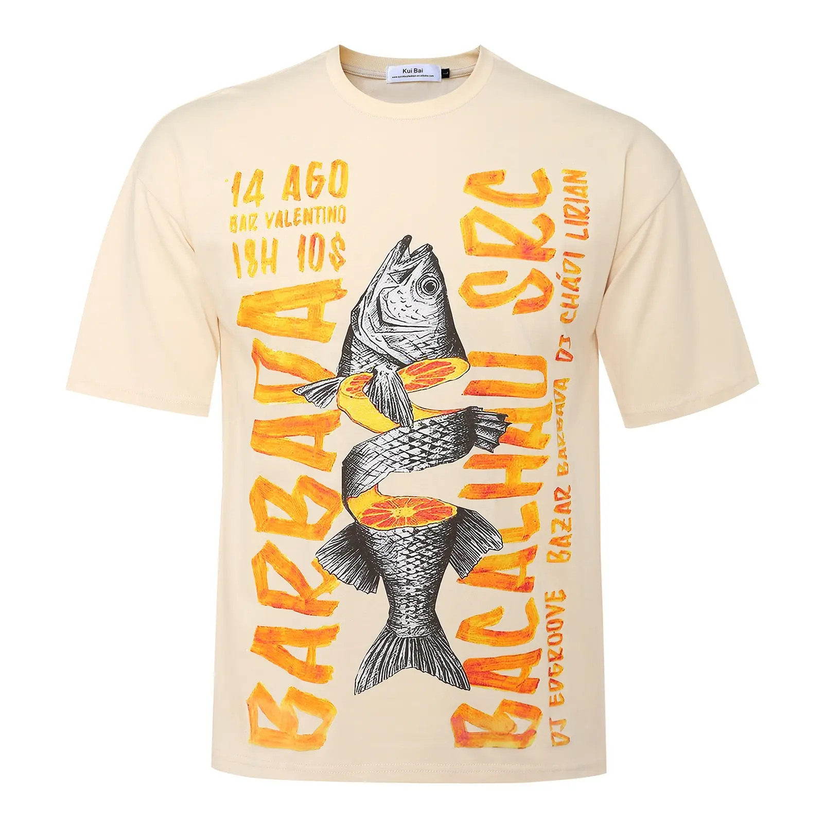 Beige T-shirt Vis Logo Aanpassen Oversize Drop Schouder Geribbelde Kraag Dgt Print Tee 3D Mannen Shirt