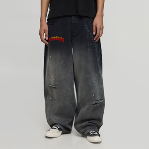 Custom Midweight Cotton Loose Fit Hip Hop Streetwear Men's Baggy <b>Denim</b> Pants Plus Size Solid Design Washed Straight - Product Image 4