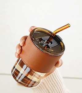 Custom <b>Glass</b> Tumbler 400ml with Leather Sleeve & Straw | Personalized Travel Tumbler with Lid | Customized Tumbler with Names - Product Image 6