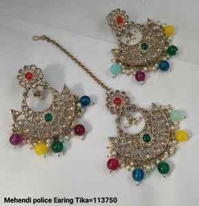 INDIAN EARRINGS TRADITIONAL & FASHIONABLE WITH PEARL EARRINGS and MANGTIKKA <b>SET</b> for WOMEN & <b>GIRLS</b> - Product Image 4
