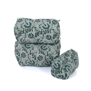 Lightweight Washable Indian Handmade Cotton Quilted Travel Cosmetic <b>Bag</b> Set of Three with Floral Design - Product Image 1