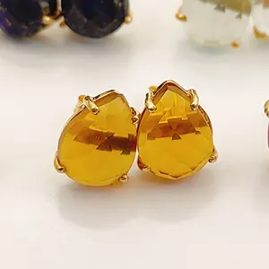 Yellow Citrine Stud Earrings Natural Gemstone 12x8mm Prong Set Gold Vermeil 925 Sterling Silver Pear Briolette Handmade Earrings