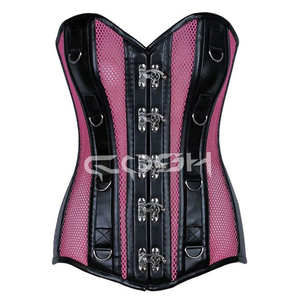 Corset Bustier Amincissant en Similicuir Noir avec Résille Rose et Baleines en Acier - Product Image 1