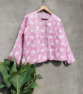 Indian Style Women's Casual Quilted Cotton Seamless Fusing <b>Hand</b> Block Printed Sky Blue Floral Winter Coat Woven <b>Washed</b> Technique - Product Image 5