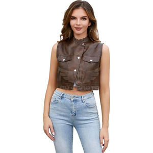 Chaleco de cuero de PU para mujer personalizado-Chaleco de motociclista sin mangas, solapa de piel de oveja, fabricante y exportador - Product Image 2