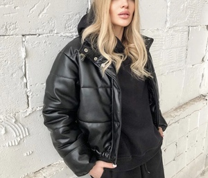 Veste matelassée tendance pour femmes en cuir véritable coupe-vent imperméable à col rabattu manches longues automne hiver unie teinte unie - Product Image 3