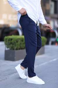 Pantalones elásticos ajustados de color azul marino para hombre, pantalones de oficina elegantes informales, cintura elástica con cordón, algodón recto, Hip Hop de talla grande - Product Image 2