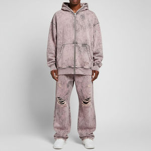 Conjunto de Sudadera con Capucha y Pantalones Deportivos de Alta Calidad, Personalizados con Logotipo, Lavado Ácido, Decolorado por el Sol, Estilo Desgastado, Bordado - Product Image 1