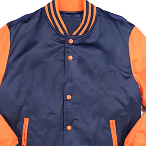 Chaqueta Bomber de Béisbol Varsity Personalizada Azul Marino y Naranja para Hombre, Unisex, Primavera, Seda/Algodón, Logotipo Frontal, Estilo Clásico Universitario - Product Image 3