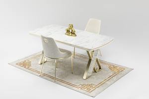 Juego de Muebles de Comedor Moderno y Elegante con Mesa Fija y 6 Sillas, con Materiales de Tela/Metal/MDF, un Complemento Estilizado para Cocina o Villa - Product Image 3