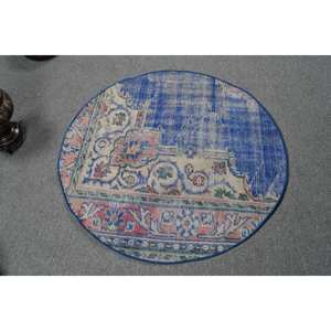 Tapis Vintage Turc Classique Bleu 3,4 pieds en Laine Patchwork Plat Tissage Design pour Décorations de Salon avec Support en Latex - Product Image 1