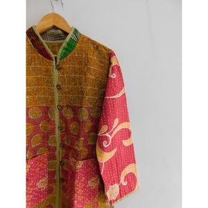 Casual Vintage Algodón Kantha Chaqueta Indian Hand Block Floral Impreso Abrigo de manga larga - Product Image 4