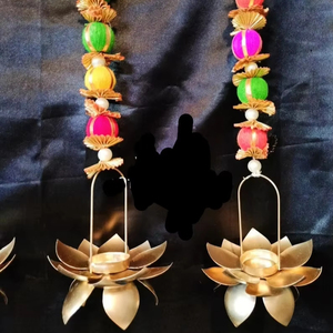 Lotus Design Candle Holder With Multicolor Pom Poms <b>Beads</b> Golden Hanging Strings Mexican Garlands Boho Wedding Party <b>Curtains</b> - Product Image 1
