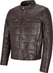 Chaqueta de Cuero Marrón para Hombre, Chaqueta de Motociclista de Diseño, Acolchada con Piel de Cordero Auténtica, para Invierno - Product Image 3
