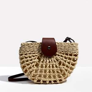 Bolso Redondo de Mimbre Estilo Bohemio Marina con Correa Individual, Cierre de Botón Estilo Japonés, Forro de Poliéster y Algodón - Product Image 1