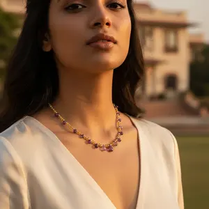 Collier bohème vintage pour femme, bijoux religieux, pierres précieuses, perles, jaune, violet, perle, turquoise, grenat, principalement en jade - Product Image 1