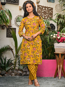 Salwar Kameez en coton imprimé floral jaune moutarde pour femmes, manches 3/4, style vintage, tenue ethnique décontractée pour les fêtes d'été, coupe régulière, mariage - Product Image 4