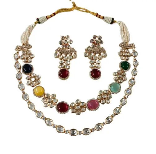 Kundan berlapis emas perhiasan pengantin sederhana kalung desainer India set kalung kundan polki