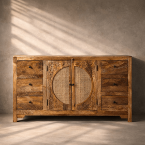 MKJ Solid Mango Wood <b>Sideboard</b> | Rustic Antique Living Room Furniture | Hand Carved Rattan Cane <b>Storage</b> Unit Shutter Doors 5+ - Product Image 3