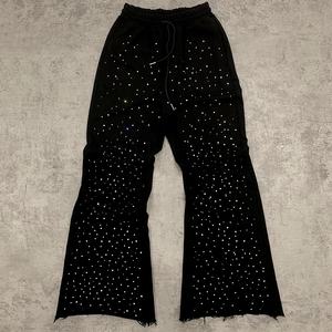 Nuevos pantalones de chándal XL para hombre 100% algodón Casual French Terry Hip Hop estilo con diamantes de imitación lavados toda la pierna ancha lona pesada - Product Image 1