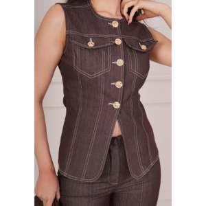 Conjunto de Dos Piezas Lustrin para Mujer, Chaleco con Detalles Cosidos y Pantalones Anchos, Elegante Conjunto Marrón de Mezcla de Poliéster al por Mayor - Product Image 3