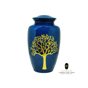 Urnas de cremación artesanales Urna de diseño de árbol de la vida Urna conmemorativa azul y dorada con tapa segura y bolsa de terciopelo - Product Image 5
