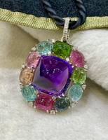 Magnifique pendentif en argent sterling avec améthyste et tourmaline multicolores serties clos, bijoux en pierres précieuses naturelles certifiées IGI