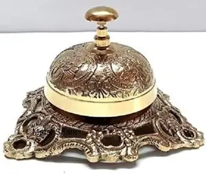 Bel meja logam, aksesoris kerajinan logam kuningan timbul tangan antik untuk meja kantor gaya Vintage bel desainer dari India