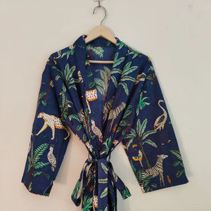 Kimono Largo de Verano para Mujer, Azul Marino, Estampado Floral, Manga Corta, Cuello en V, 100% Algodón, Marca Clásica de Arte y Artesanía - Product Image 1