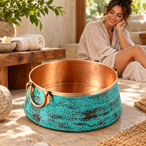 Cuenco de cobre martillado artesanal para pedicura con pátina verde, tina para remojar los pies - Product Image 3