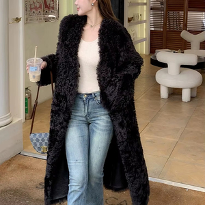 Manteau long en laine pour femmes avec <span class=keywords><strong>fourrure</strong></span> de mouton, style élégant, vestes en cuir pour femmes - Product Image 1