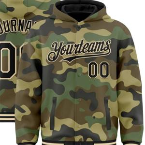 Custom Camo Black-Kream 3D Bomber Full-Snap Varsity Letterman Salute to Service Breathable 100% Cotton <b>Hoodie</b> Jacket - Product Image 2