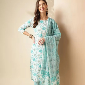 Kurta recto de algodón puro con cuello redondo y estampado floral étnico para mujer con pantalón con Dupatta indio pakistaní salwaar kameez - Product Image 1