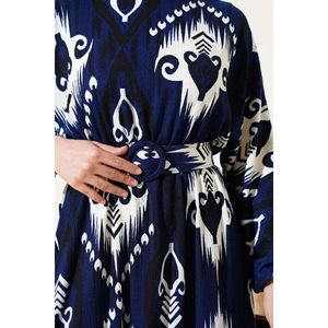 Patterned Mevlana Dress with <b>Elastic</b> Waistband Navy Blue - Product Image 1
