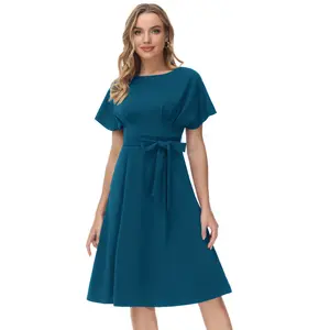 Oem Frauen definiert Taille Kleid Ol Kurzarm A-Linie T-Shirt Designer Gürtel Kleid Karriere