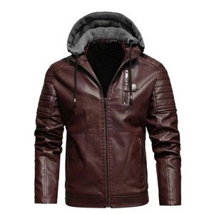 Chaqueta con capucha de lona a la moda para hombre Otoño Invierno nueva marca fina de piel sintética prendas de vestir elegante estampado bolsillos con cremallera motocicleta - Product Image 3