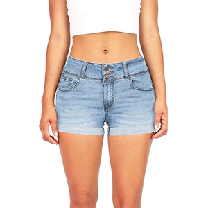 Short en denim pur coton pour femmes OEM/ODM personnalisé Jean mi-taille coupée Style droit décontracté été Street Wear Logo taille délavée - Product Image 2