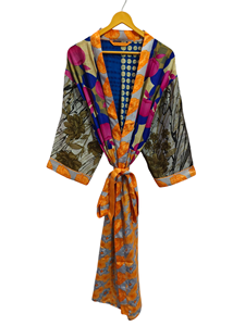 Patchwork Kimono Robe Bikini Cover Up Night Wear Long Robe, Kimono Sari en soie recyclée vintage indien fait à la main, - Product Image 5