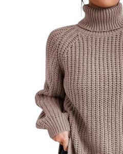 Taupe Turtleneck Knit Sweater For Women Winter Warm Soft Ribbed Pullover Long Sleeve Casual Loose Fit Top Fashion Daily Wear - Product Image 3