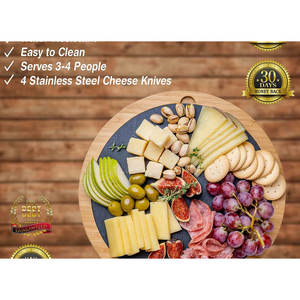 Tabla de Charcutería Redonda de Bambú Ecológica sin Astillas con Juego de Cuchillos Giratorios y Pizarra Extraíble para Cortar Queso y Bloques de Corte - Product Image 3