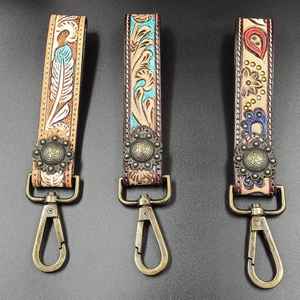 Handcrafted Durable <b>Vintage</b> Style Western Genuine Leather <b>Key</b> Fob Keychain Custom Logo Oval Shape Letterpress Printing Custom - Product Image 1