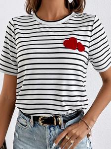 Nouveau T-shirt pour femmes, style décontracté ample, manches courtes, couleur unie, haut de qualité supérieure, style rayé, 100% coton - Product Image 3