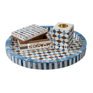 Juego de quemador Bakhoor con incrustaciones de hojas azules hechas a mano, bandeja redonda con cuenco de latón y caja de almacenamiento para una decoración elegante con fragancia para el hogar - Product Image 3