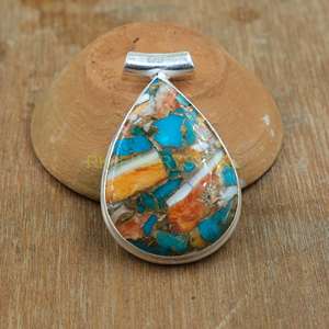 Pendentif en forme de larme en argent sterling 925 avec mosaïque de nacre et de turquoise, bijoux faits à la main - Product Image 6