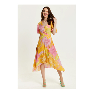 100% Viscose Regular fit Paisley Print Midi Wrap Dress En Jaune Et Rose Robe Midi Avec Confort Robe À Manches Courtes Léger - Product Image 1