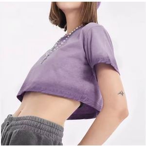 เสื้อยืดผ้าฝ้ายผ้าฝ้ายสีม่วงสำหรับผู้หญิงเสื้อครอปแบบย้อนยุคพร้อมโลโก้ของคุณ - Product Image 6