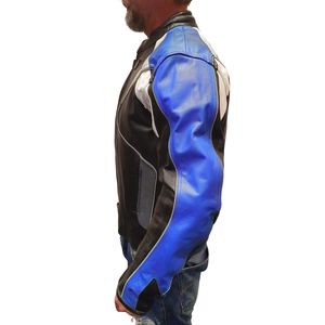 Men's Racing Black/White/Blue Genuine Cowhide Leather Motorbike Jacket With Protections Motorcycle Road Riding Jacket For Men - Product Image 4