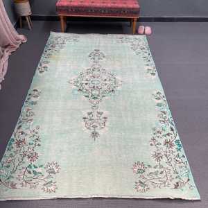 Alfombra Turca Vintage, Alfombra Grande de 4.8x8.4 pies (145x256 cm), Alfombra de Lana con Puntos Azules - Product Image 1